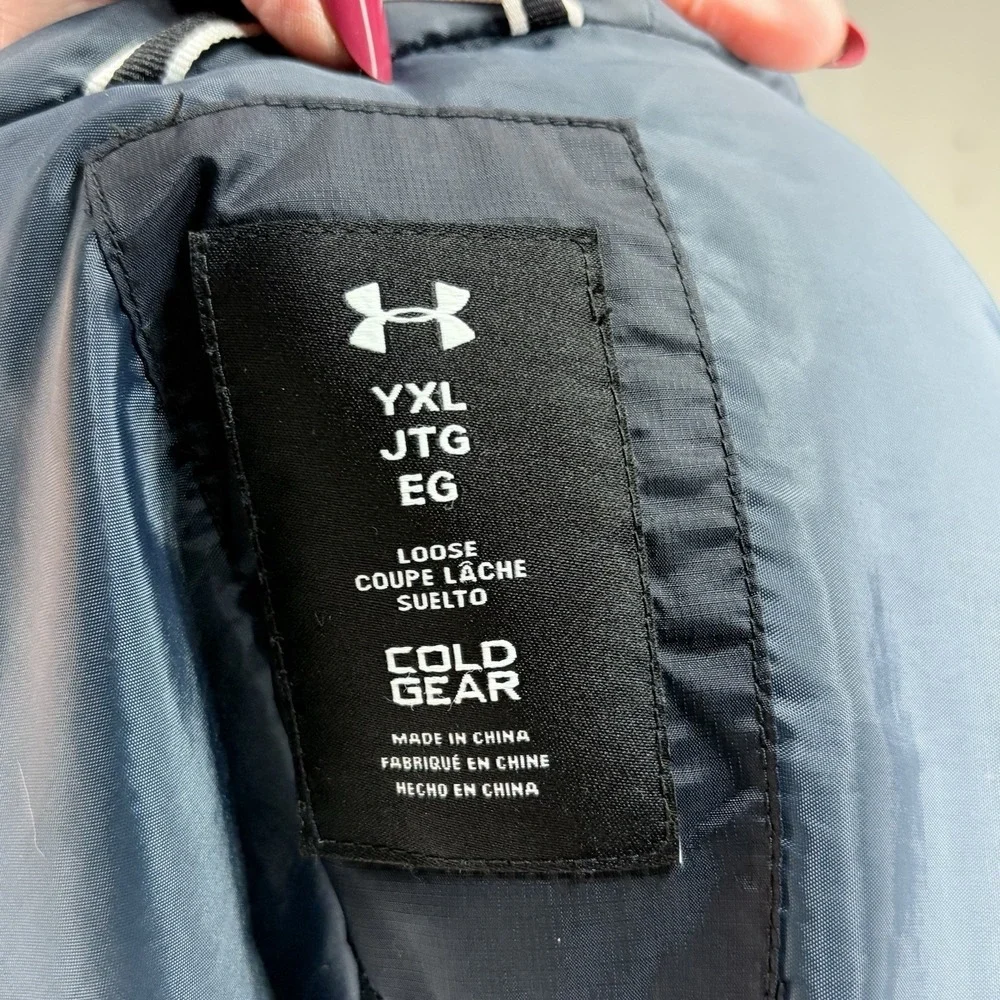 Under Armour Boy's Jacket Black Coldgear Puffer Hooded Full Zipper‎ YXL Loose